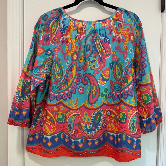 Talbots colorful 3/4 Sleeve Tassel Front v-neck Blouse, size Lp, 100% Cotton - Picture 5 of 6